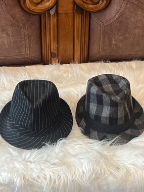 Vintage Pair of Black Patterned Fedora Hats - Pinstripe & Plaid